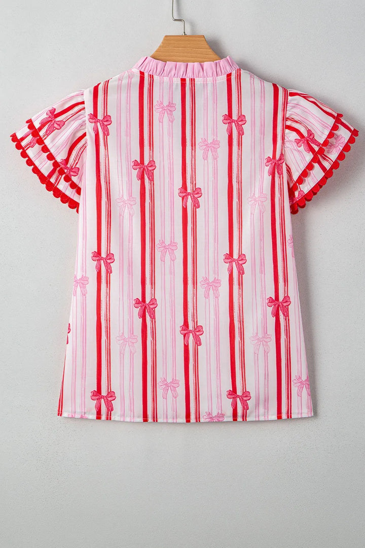 Ric-Rac Trim Ruffled Sleeve Striped Printed Blouse