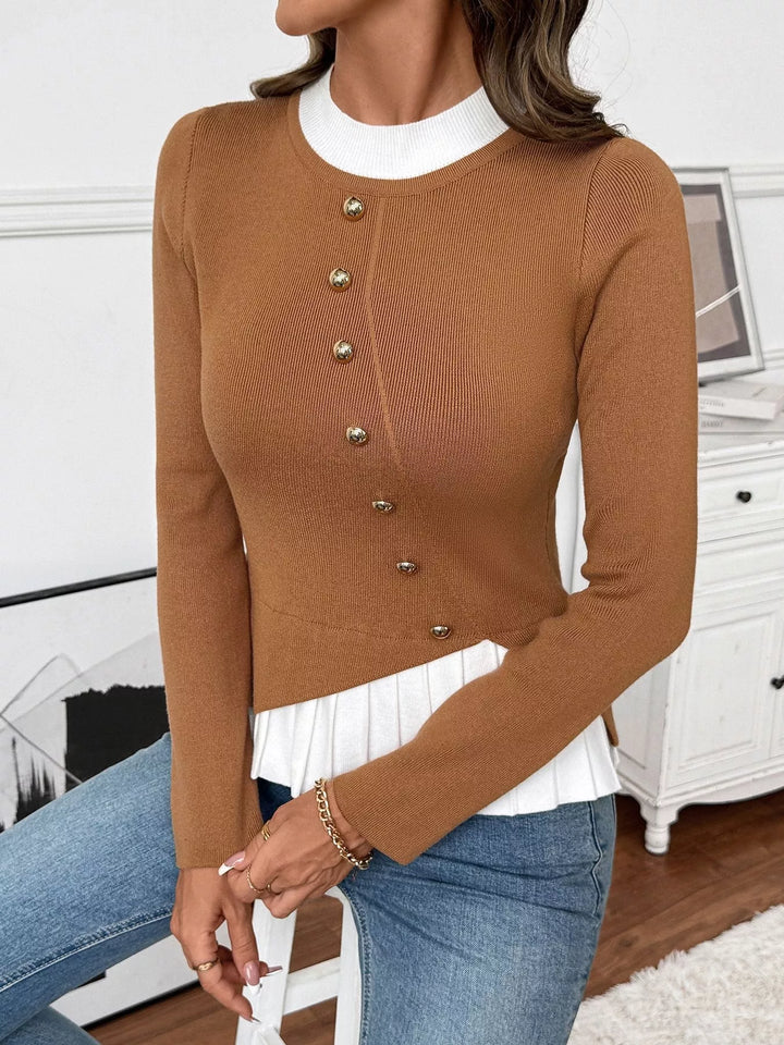 Decor Button Contrast Hem Knit Top