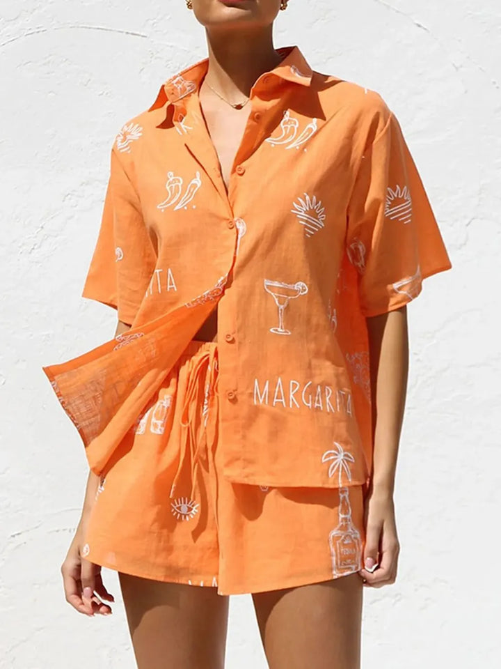 Printed Button Down Short Sleeve Top and Shorts Set