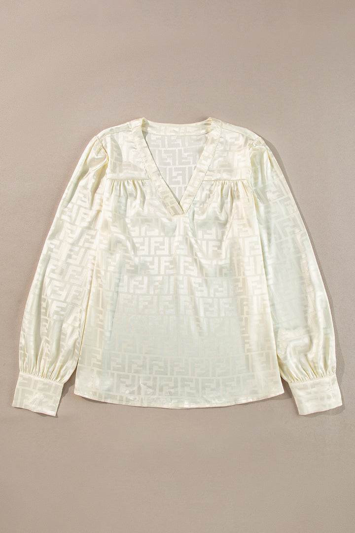 Oatmeal Geometric Jacquard V Neck Bishop Sleeve Blouse