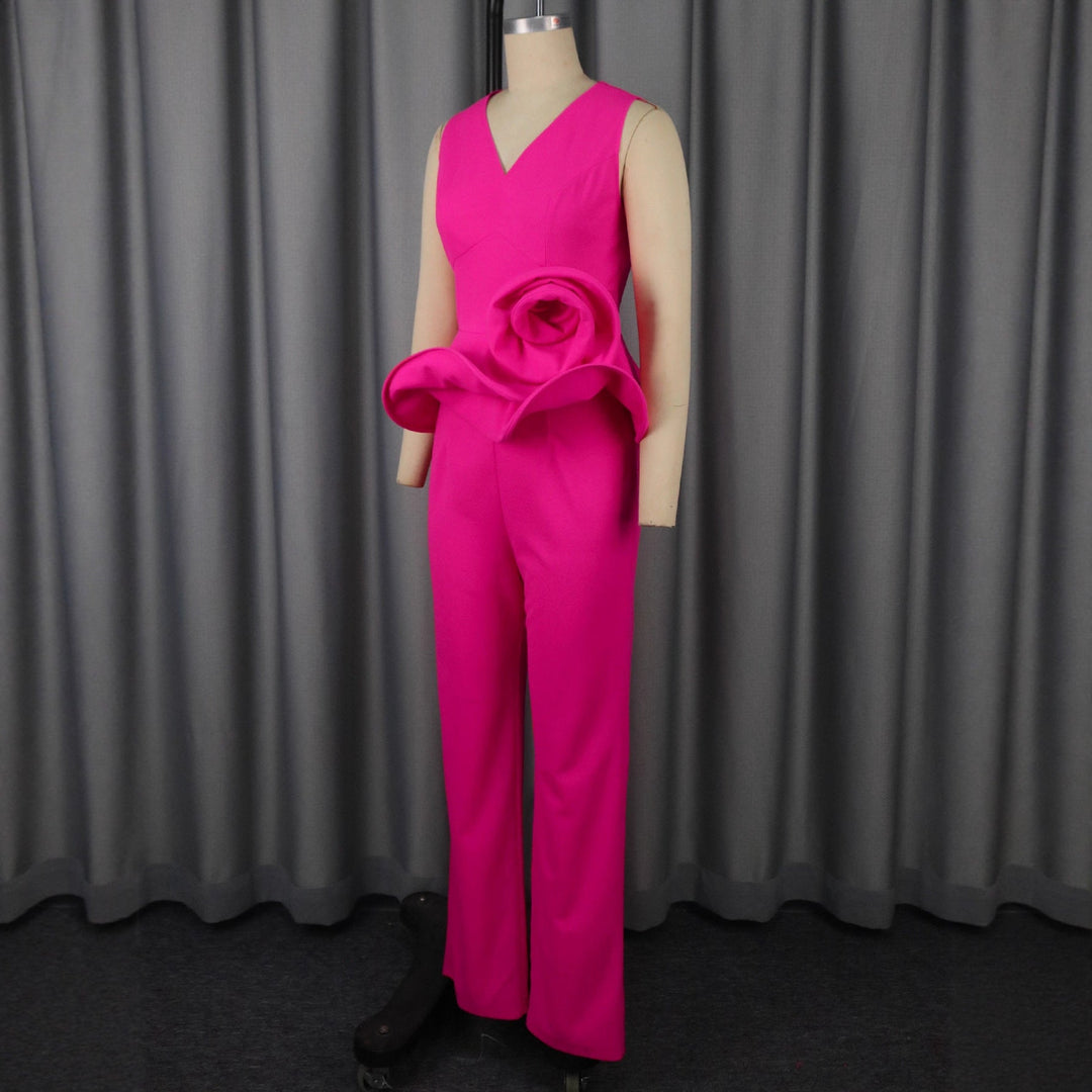 Three-dimensional Flower V-neck Sleeveless Top High Waist Fashion Straight-leg Pants