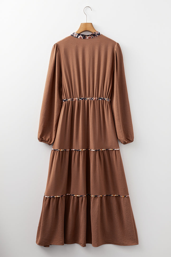 Chestnut Floral Patchwork Detail Notched Neck Long Sleeve Maxi Dress