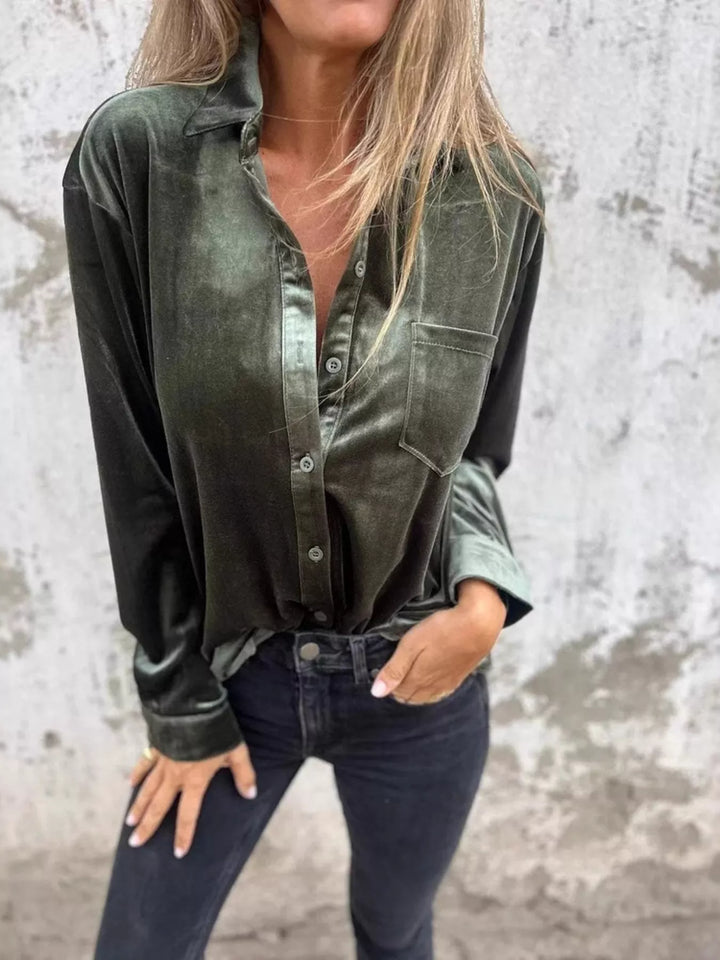 Full Size Velvet Button-Up Long Sleeve Shirt Plus Size