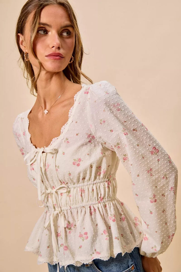 SO ME Floral Clip Dot Lace Trim Ruched Bodice Blouse
