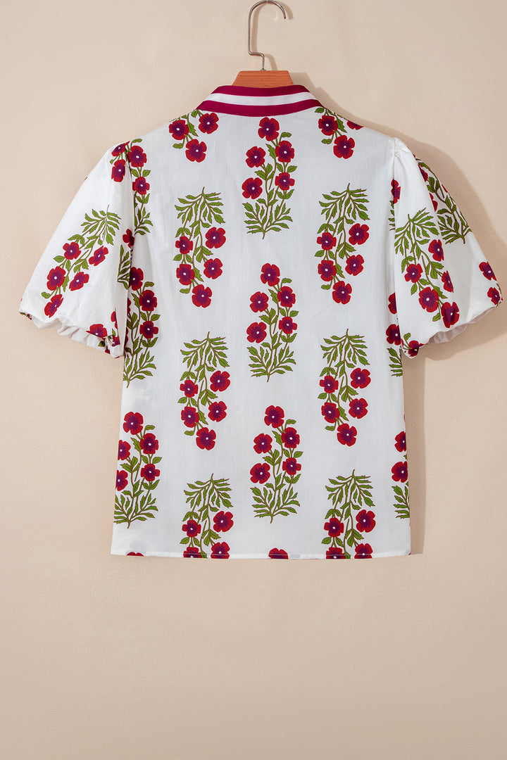 White Floral Short Bubble Sleeve Contrast Slit Neckline Blouse