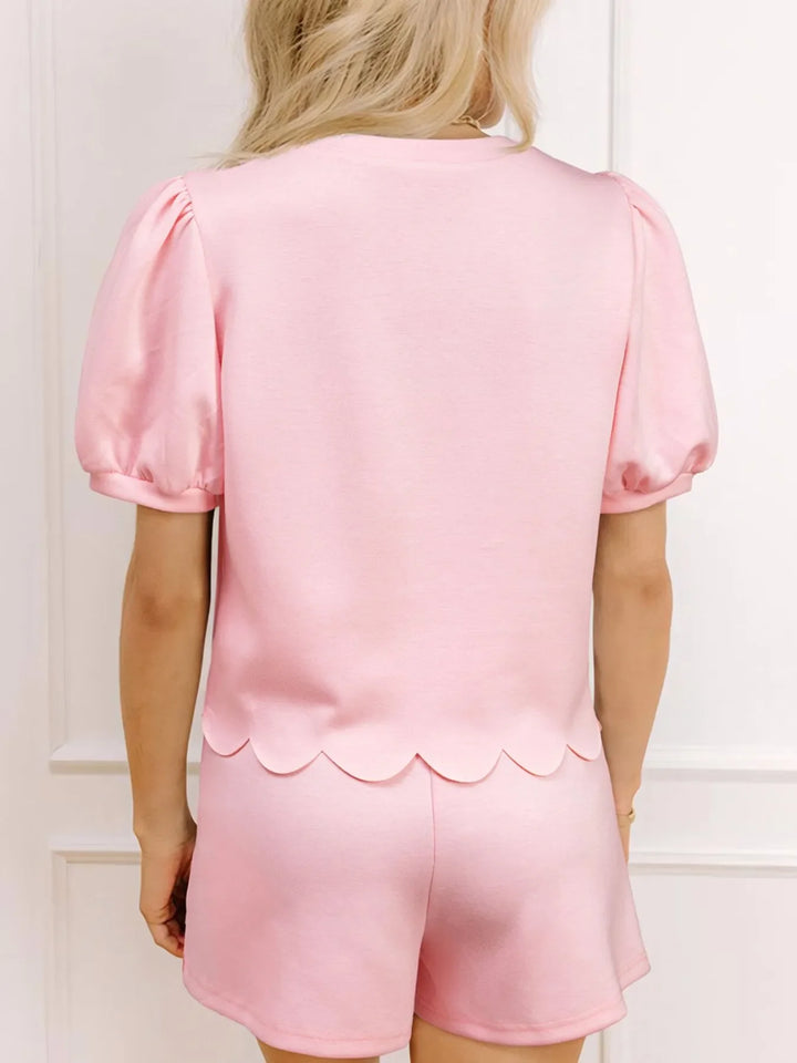 Puff Sleeve Pearl Embellished Scallop Trim Top and Skort Set