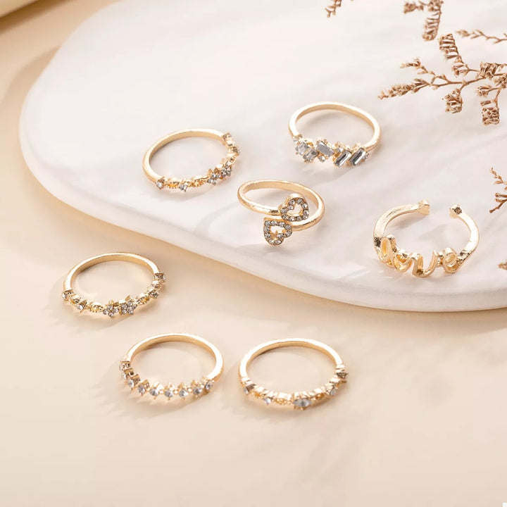 7 Piece 18K Gold-Plated LOVE Zircon Ring Set