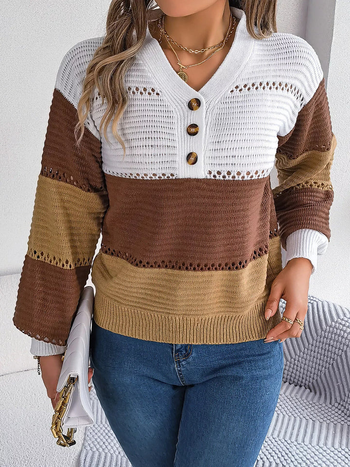 Color Block Striped V-Neck Button Detail Sweater