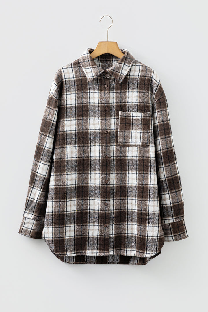 Dark Brown Flanel Plaid Single Chest Pocket Boyfriend Shacket