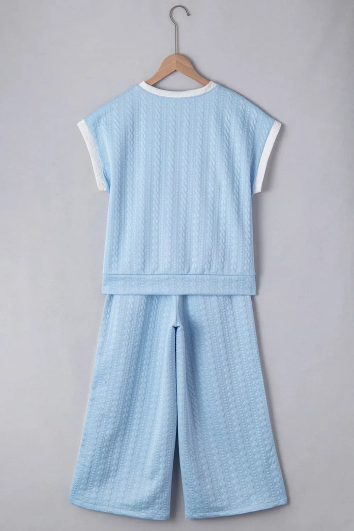 Textured Contrast Edge Top and High Waist Pants Set