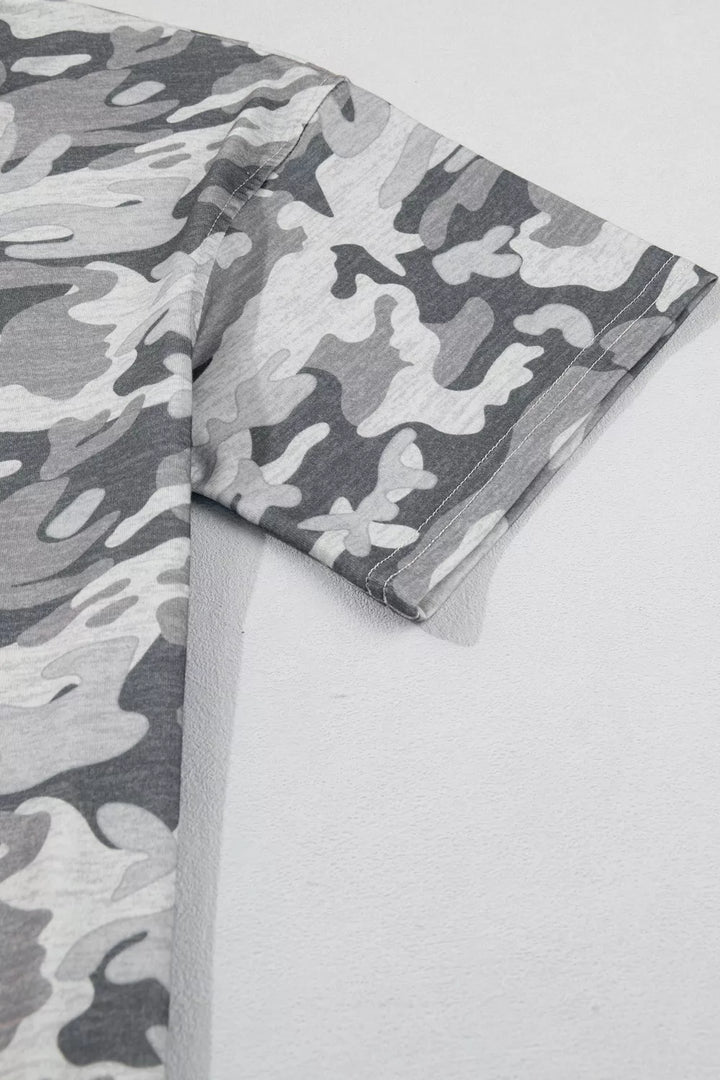 Camouflage Print Raw Edge V Neck Tee