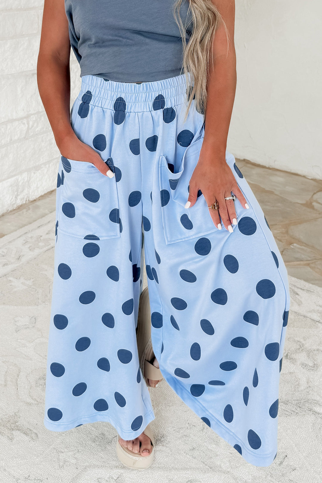 Sky Blue Polka Dot Wide Leg Elastic Waist Casual Pants