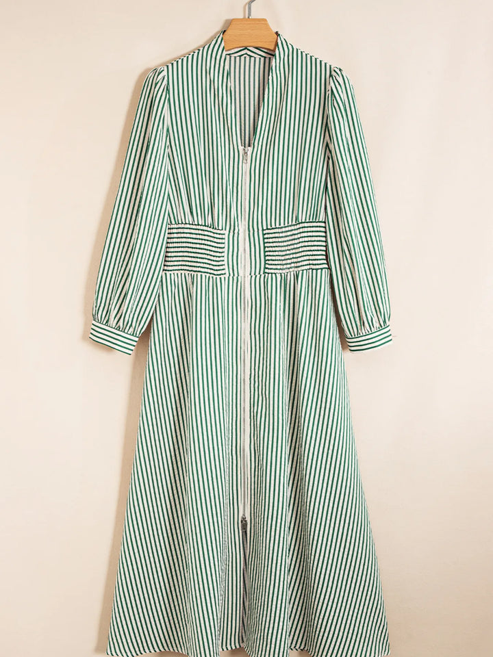 Stripe V Neck Zip Front Cinched High Waist Midi Dress