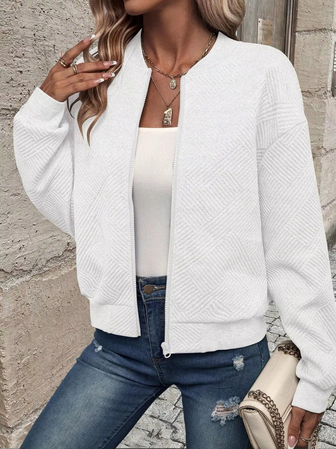Zip-Up Textured Long Sleeve Jacket
