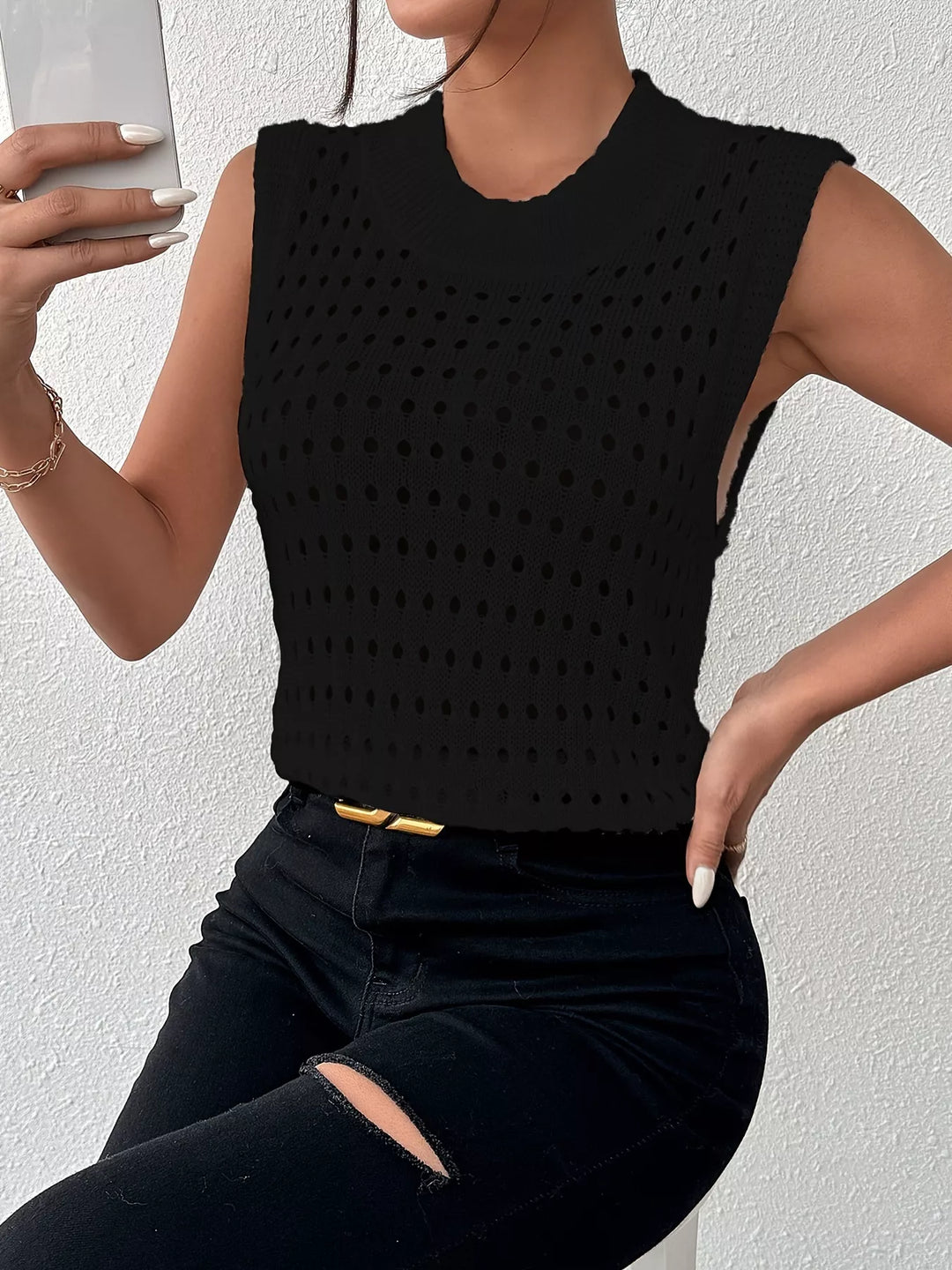 Hollow Out Round Neck Knit Tank