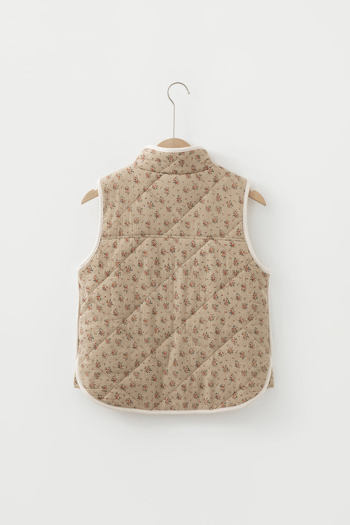 Khaki Floral Print Quilted Concealed Button Vest