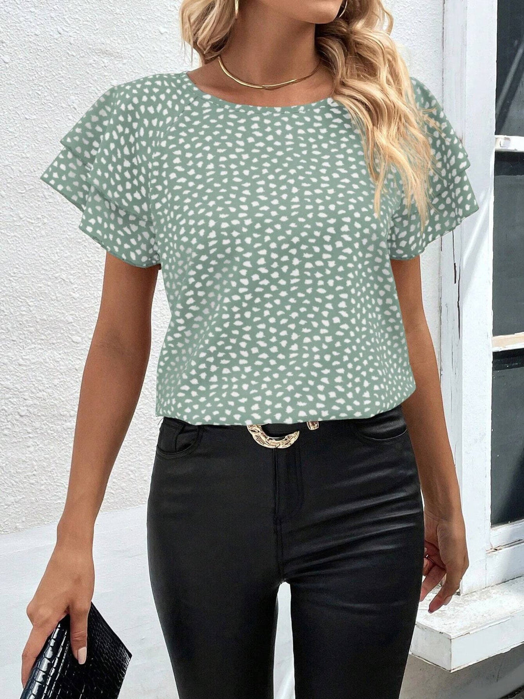 Animal Print Ruffle Sleeve Blouse