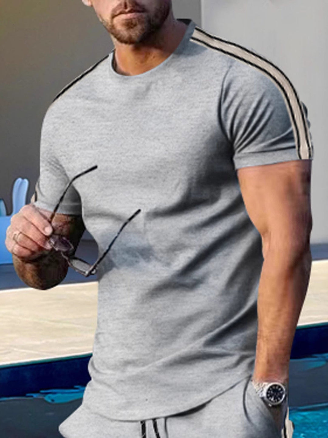Men's Full Size Striped Shoulder Casual T-Shirt Plus Size