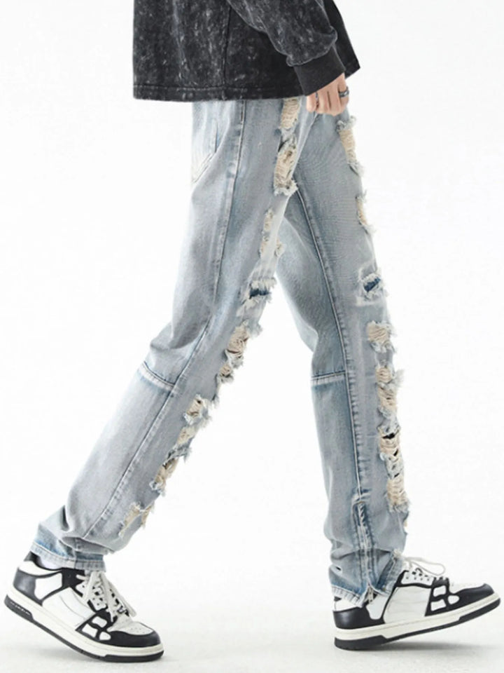 Men's Washed Distressed Straight Jeans