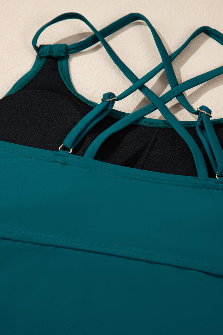 Sea Green Drawstring Tummy Control Mix-and-match 2pcs Tankini Swimsuit