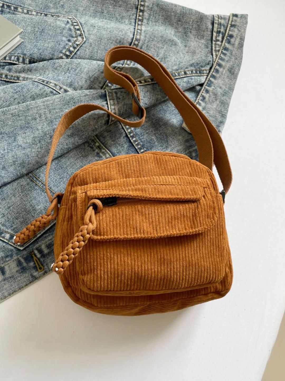 Corduroy Crossbody Bag with Adjustable Strap