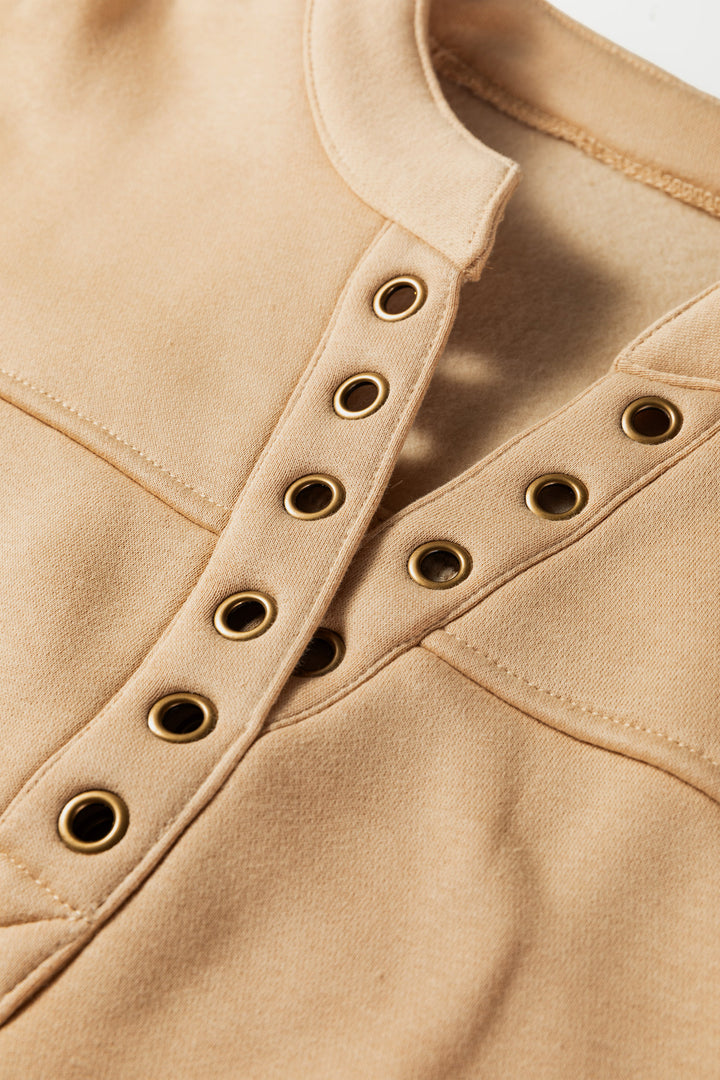 Light French Beige Grommet Detail V Neck Sweatshirt