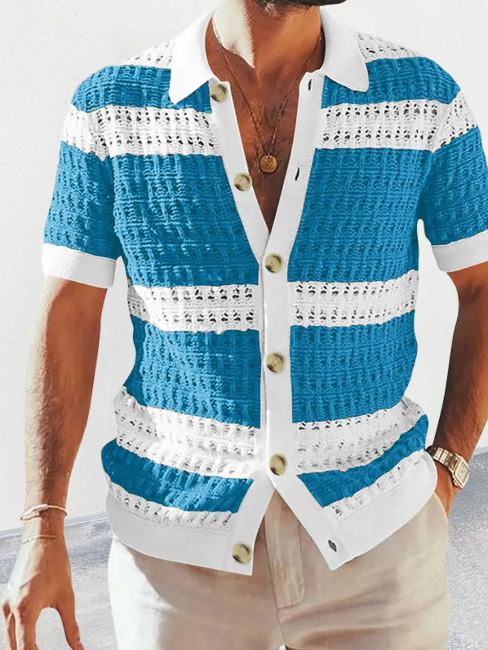 Men's Button Down Collared Neck Contrast Openwork Shirt