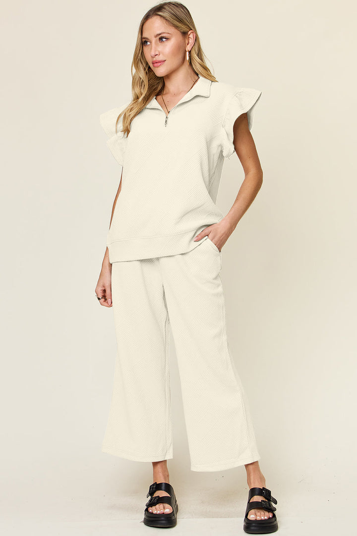 Textured Ruffle Top & Drawstring Wide Leg Pants Set