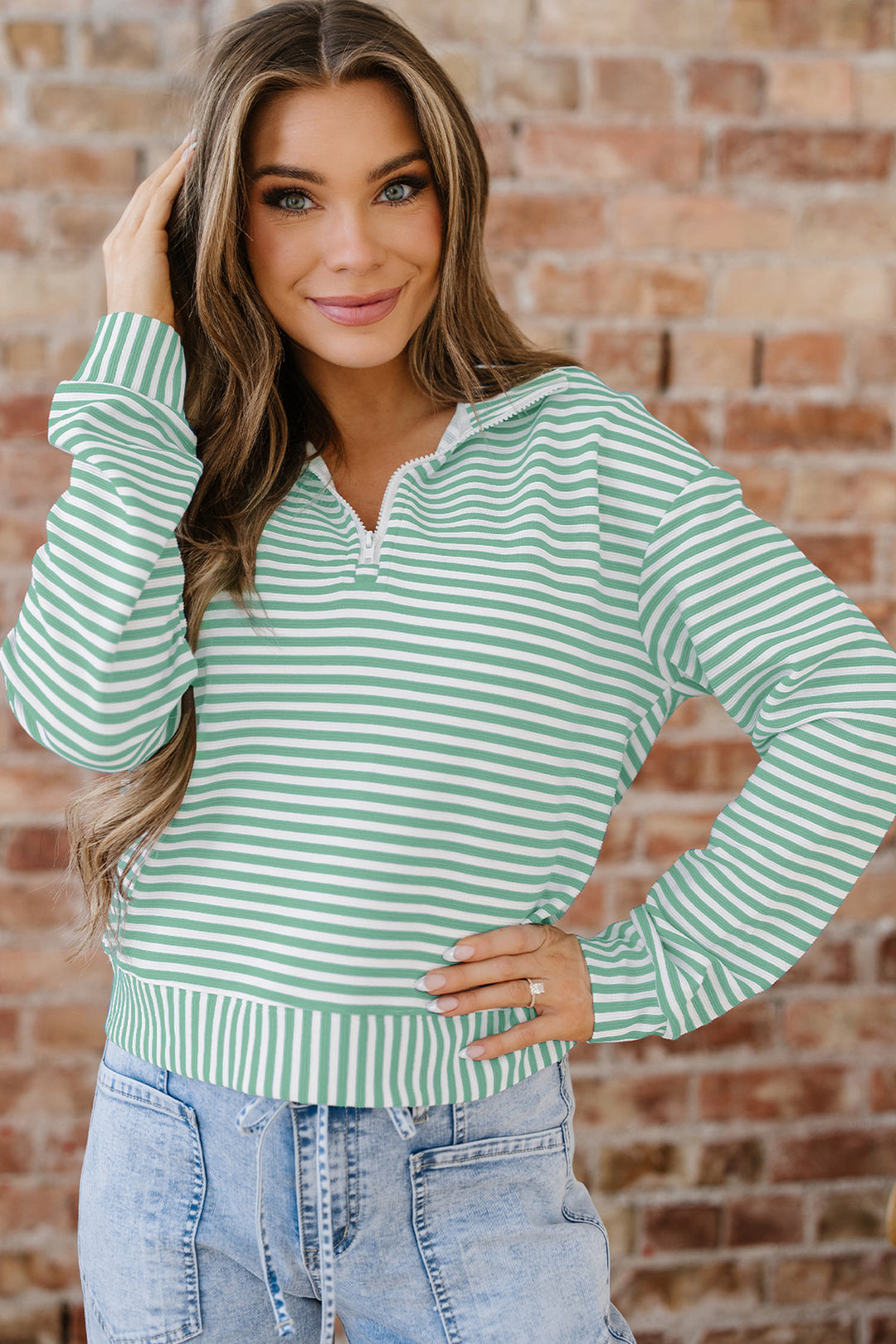 Green Stripe Quarter Zip Collar Pullover Long Sleeve Top