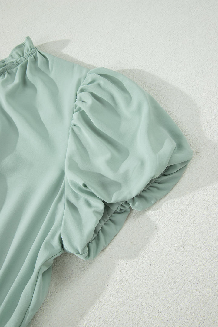 Clearly Aqua Solid Color V Neck Short Puff Sleeve High Waist Tiered Maxi Dress
