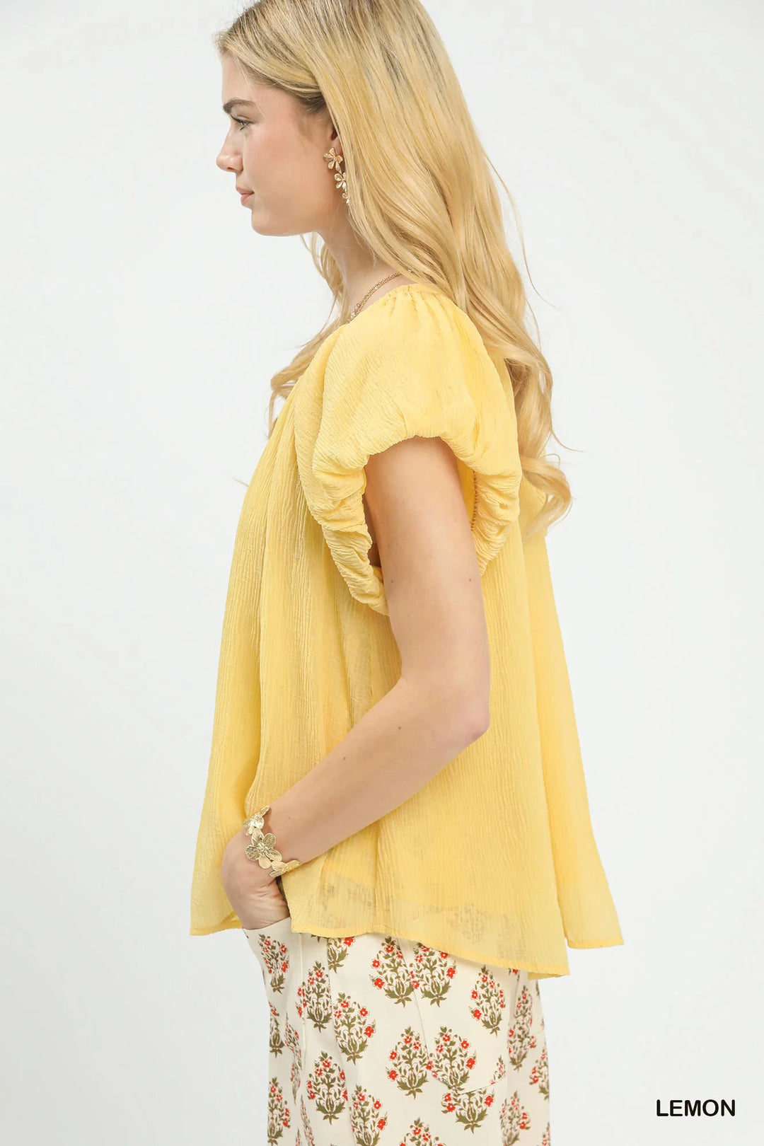 Umgee Crinkle Flutter Sleeve Peasant Top