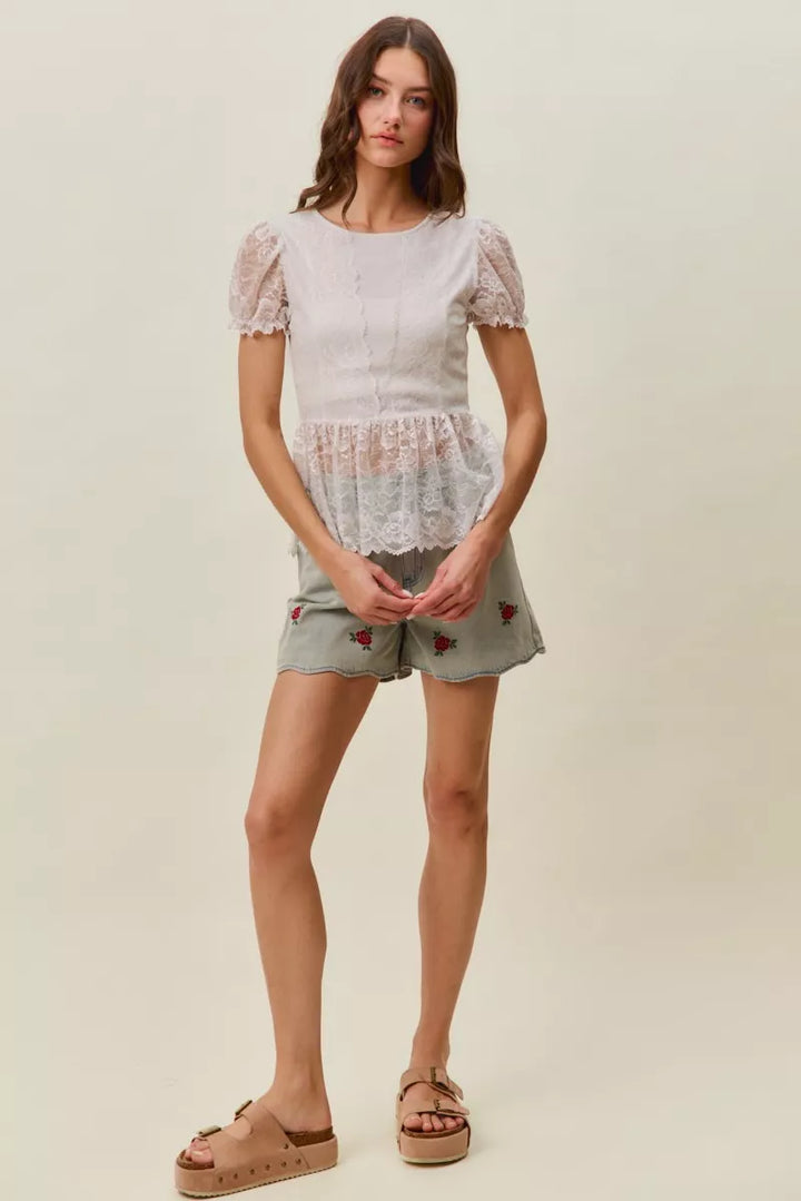 SO ME Rose Embroidery High Rise Scallop Hem Denim Shorts