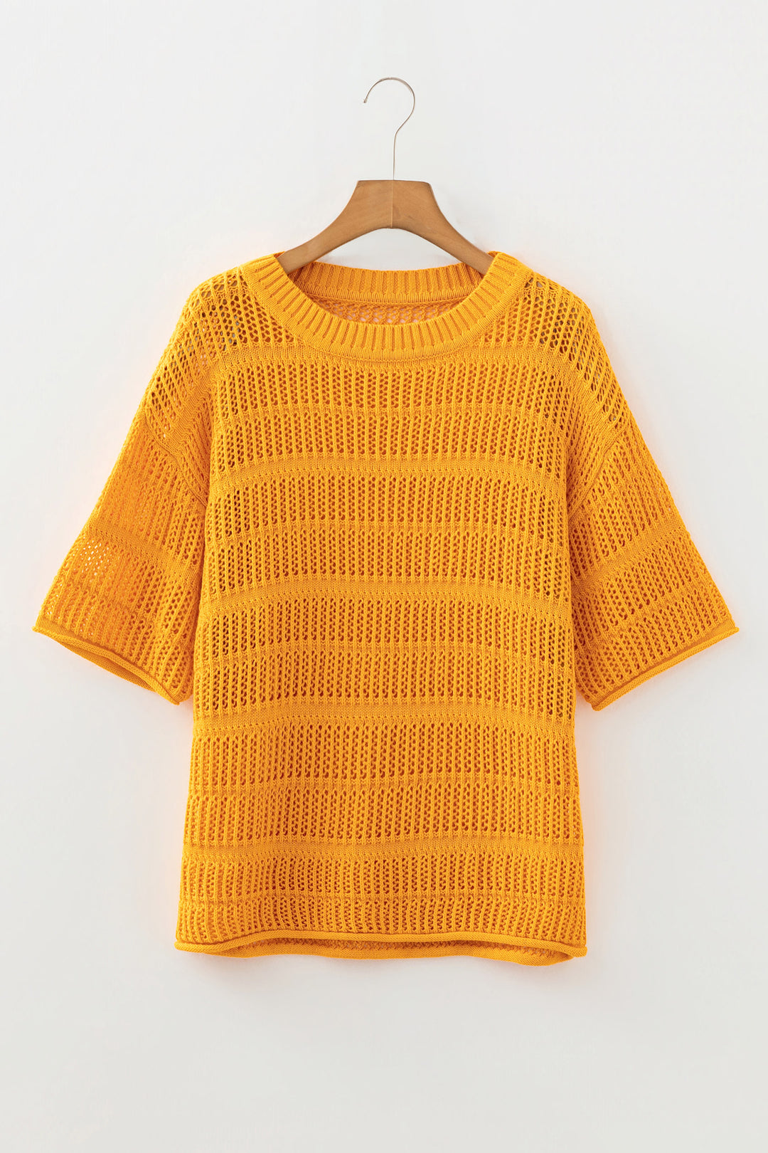 Mustard Hollow out Openwork Knit 3/4 Sleeve Sweater