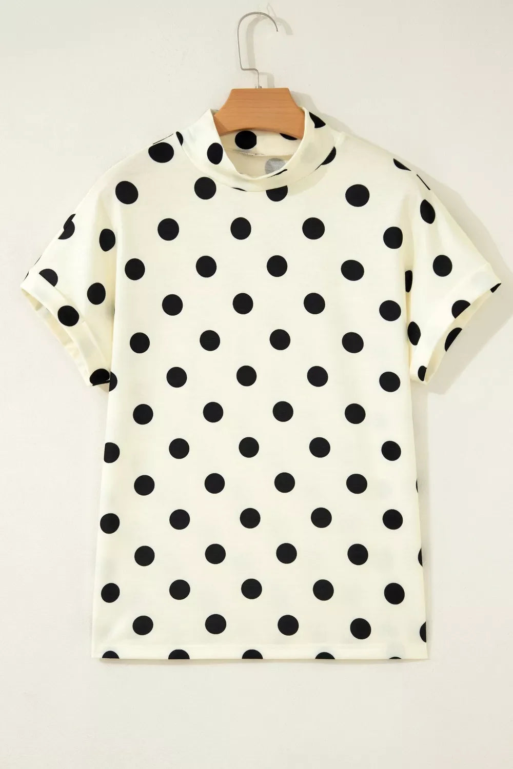 Polka Dot Mock Neck Short Sleeve Blouse