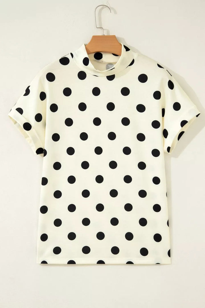 Polka Dot Mock Neck Short Sleeve Blouse