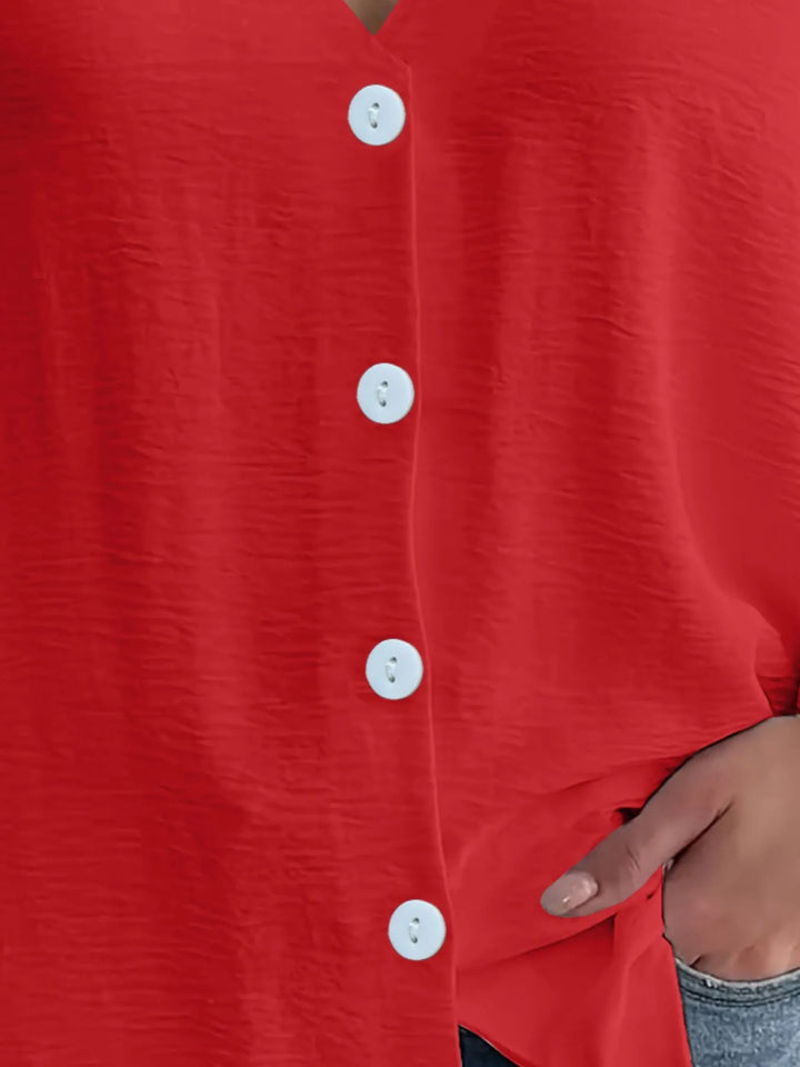 Full Size Casual V-Neck Button Down Relaxed Fit Blouse Plus Size