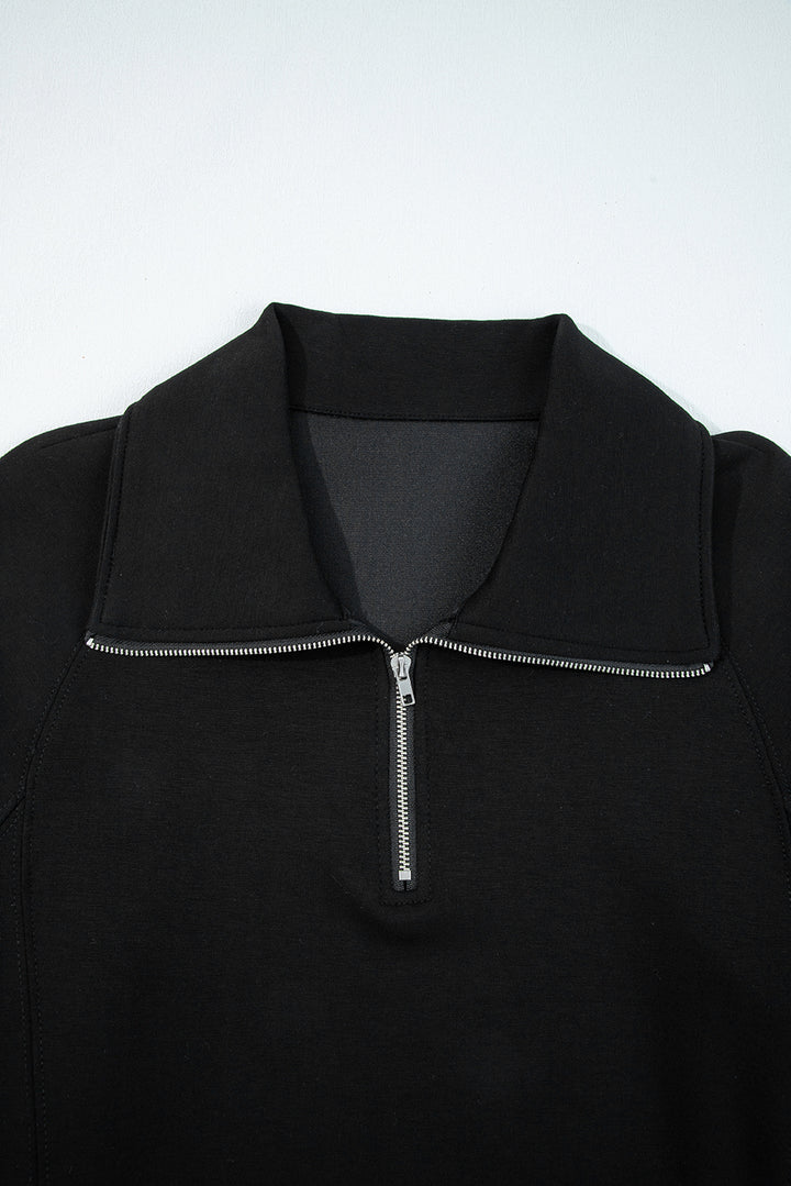 Black Zip Collar Long Sleeve Top Drawstring Pants Set