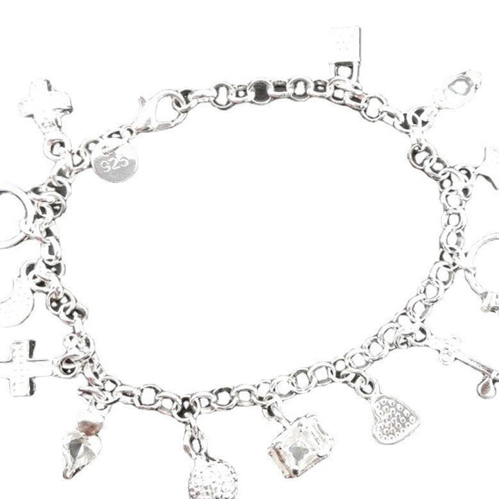 Y2K Multi Mixed Charms Chain Bracelet For Women, Silver Tone Clear Tone Simulated Zirconia Cross Moon Star Heart Key Lock Dangle Hand Jewelry Daily Casual Accessories