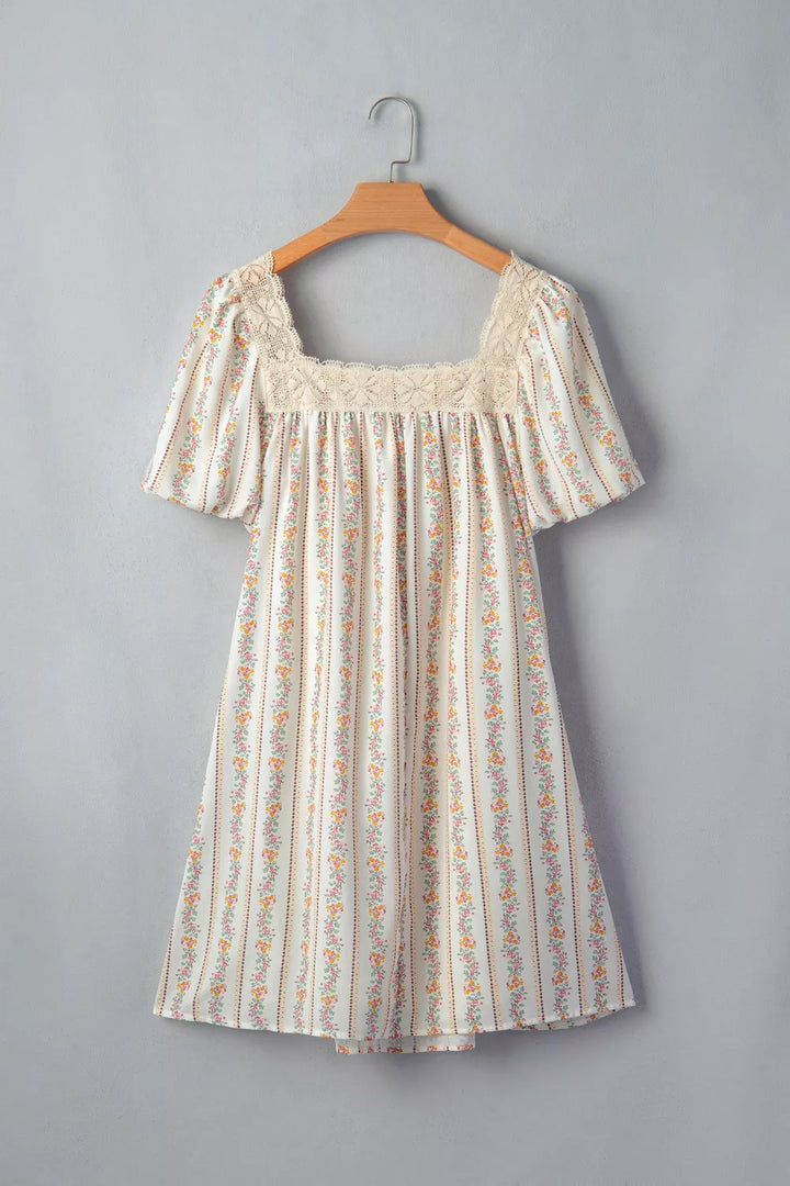 Multicolour Floral Print Contrast Ribbon Bow Lace Trim Square Neck Mini Dress