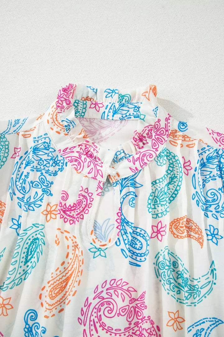 Multicolour Vibrant Paisley Printed Button Keyhole Puff Sleeve Blouse