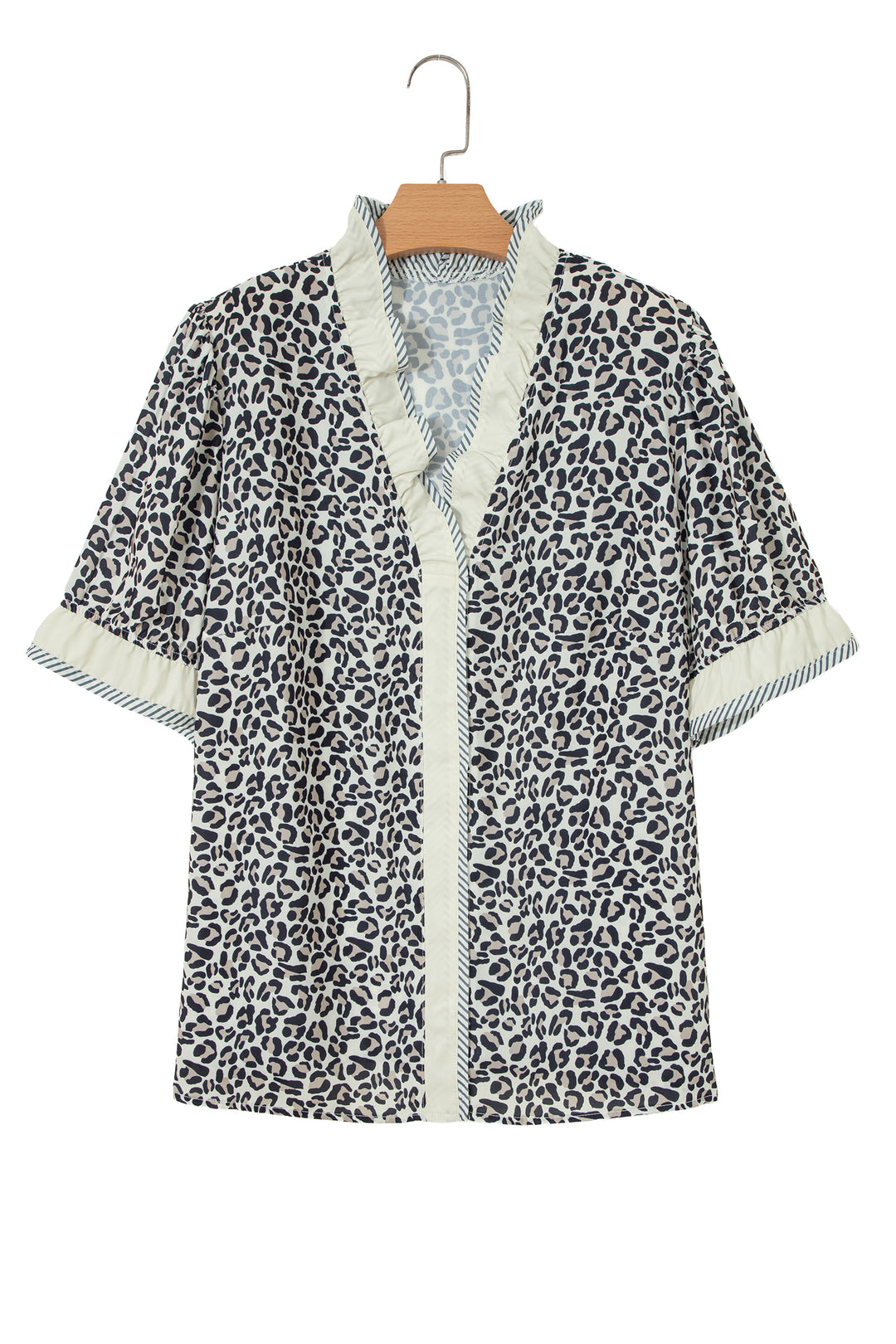 Black Plus Leopard Print Striped Color Block Trim Frilled V Neck Short Sleeve Blouse