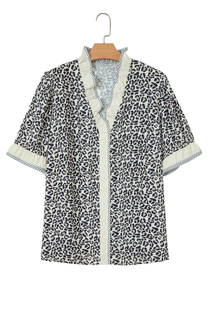 Black Plus Leopard Print Striped Color Block Trim Frilled V Neck Short Sleeve Blouse