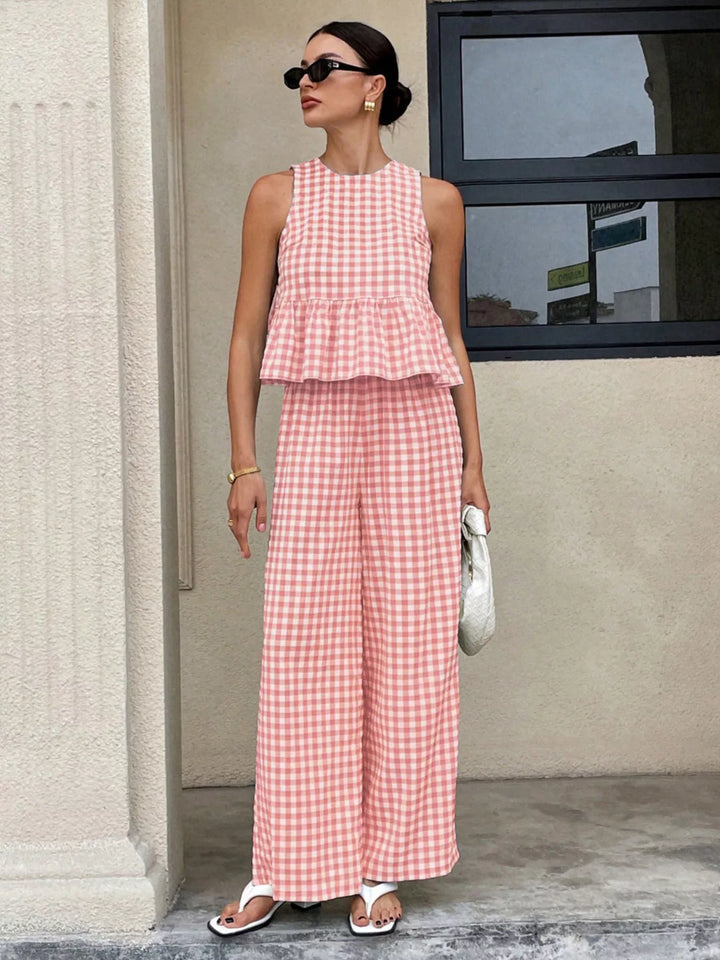 Gingham Sleeveless Top and Wide Leg Pants Set