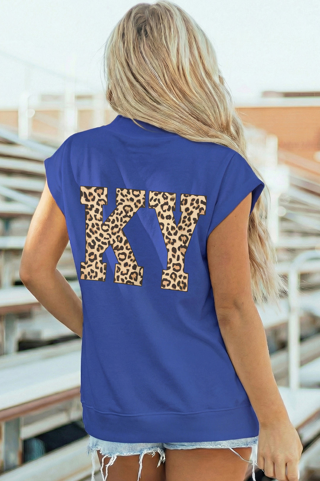 Sky Blue KENTUCKY Leopard KY Double Side Printed Mock Neck Tee
