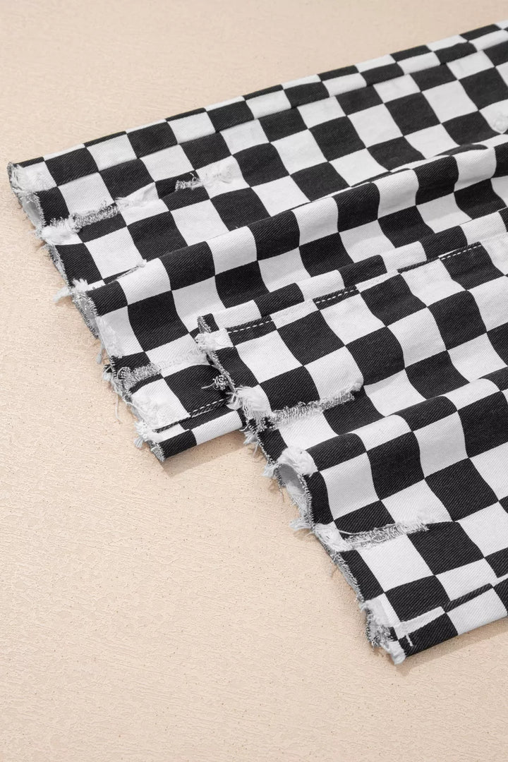 Checkerboard Print Distressed Holes Raw Edge Cropped Jeans