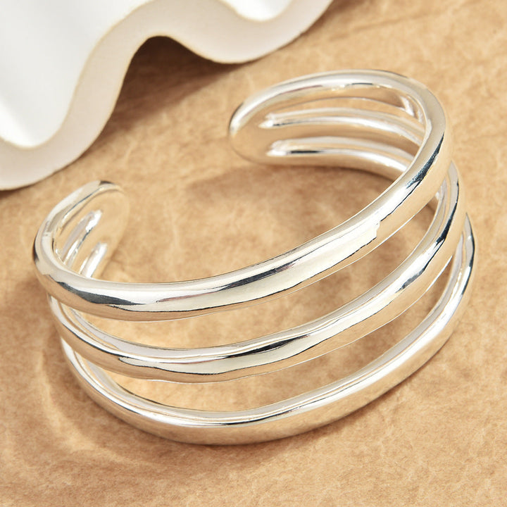 Triple Layer Spiral Open Cuff Bracelet, Polished Silver Minimal Sculptural Bangle, Quiet Luxury European Spanish Women Jewelry
