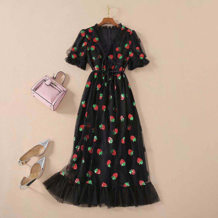 Dress French Strawberry Two Color V neck Fashionable Sequined Dress Mesh Lace up Pleated Dress