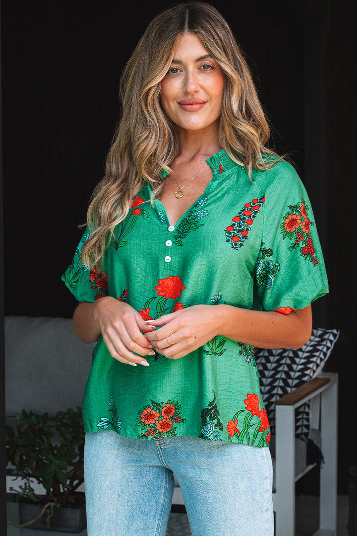 Chemisier à manches courtes et col en V boutonné à imprimé floral vert vif