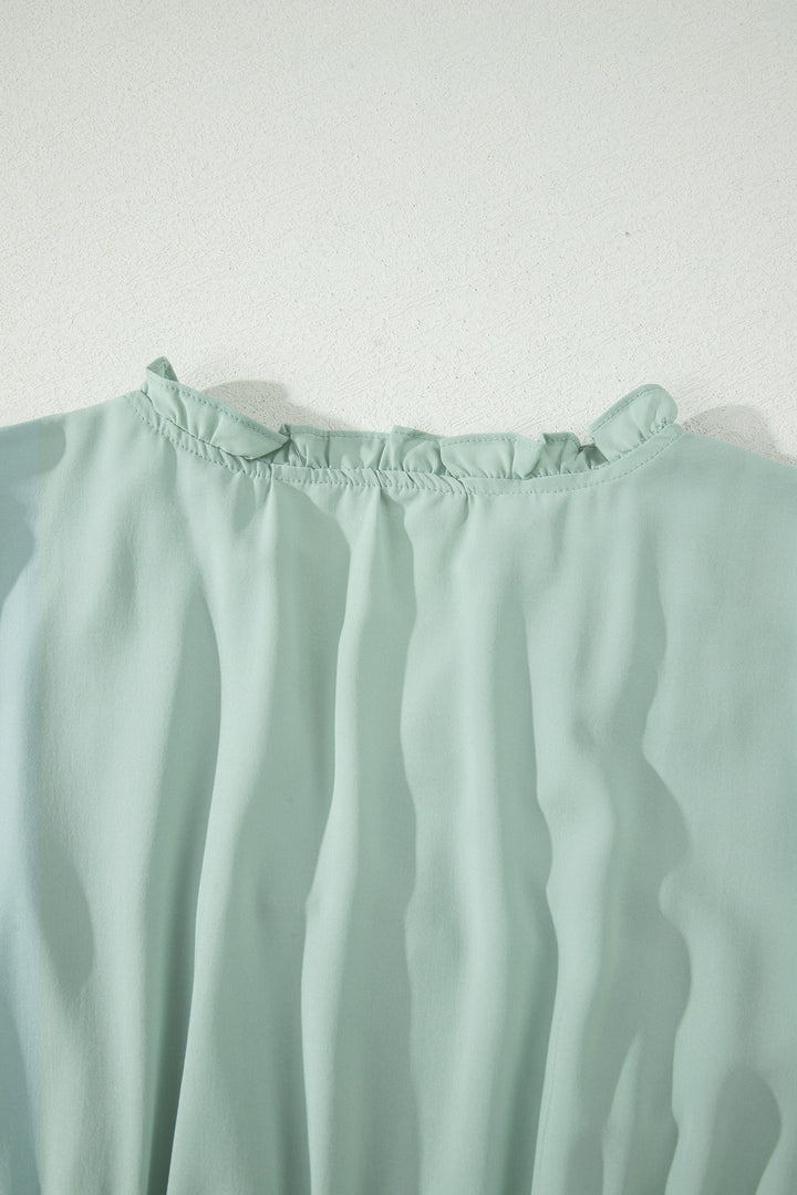 Clearly Aqua Solid Color V Neck Short Puff Sleeve High Waist Tiered Maxi Dress
