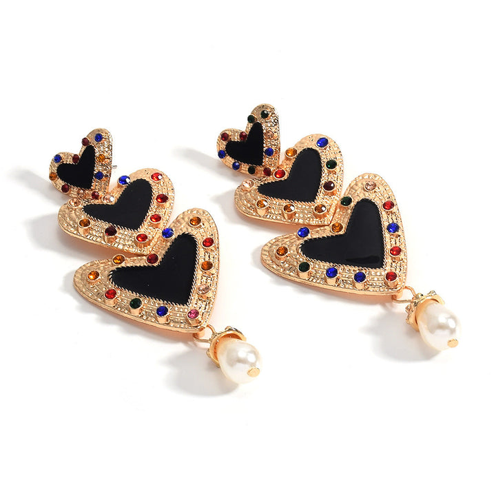 Vintage French Court Style Rhinestone Heart Three Layer Pearl Drop Earrings Exaggerated Dangle Jewelry